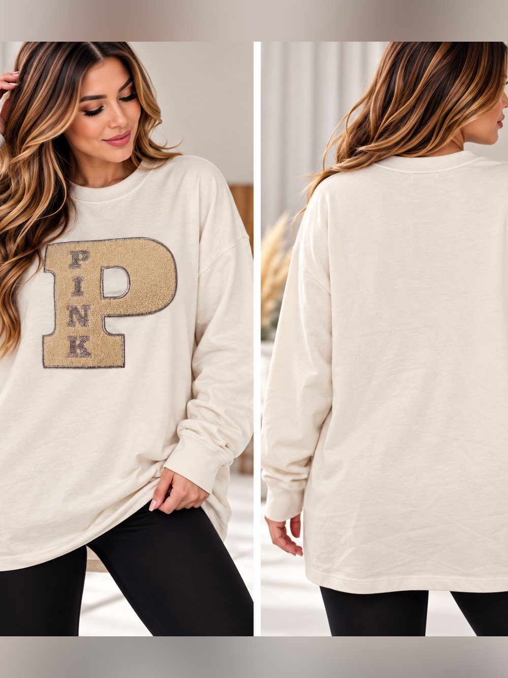 PINK Victoria's Secret Cream Long Sleeve Tee with logo Sz M NWT